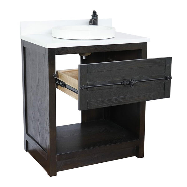 31" Single Vanity In Brown Ash Finish Top With White Quartz And Round Sink - Luxe Bathroom Vanities