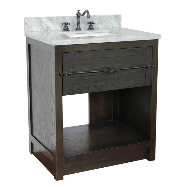 31" Single Vanity In Brown Ash Finish Top With White Carrara And Rectangle Sink - Luxe Bathroom Vanities