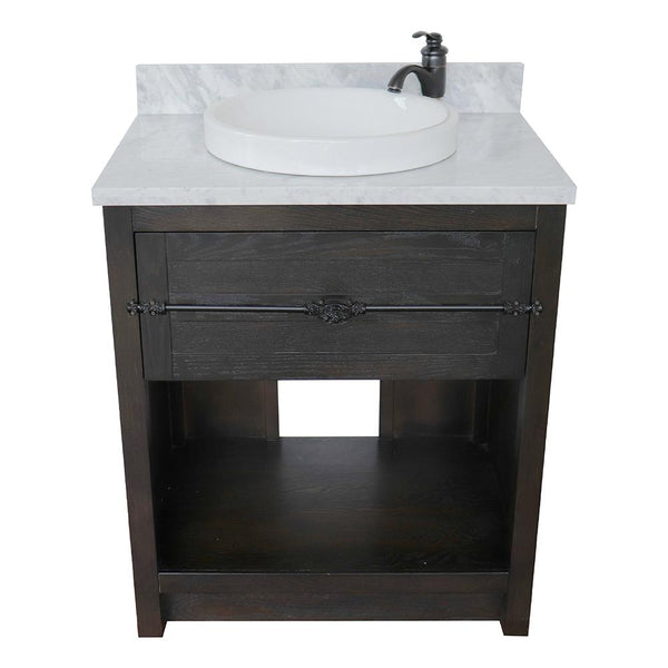 31" Single Vanity In Brown Ash Finish Top With White Carrara And Round Sink - Luxe Bathroom Vanities