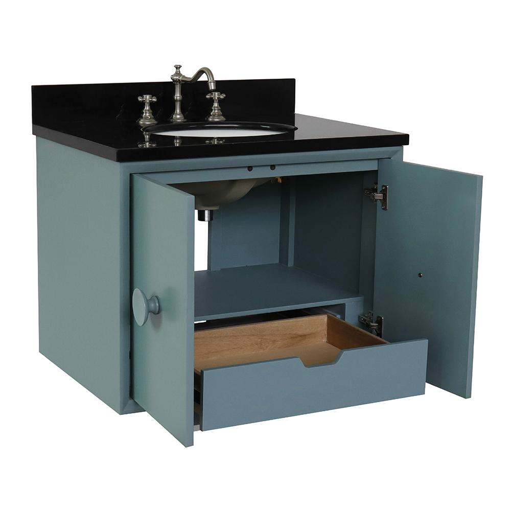 31" Single Wall Mount Vanity In Aqua Blue Finish Top With Black Galaxy And Oval Sink - Luxe Bathroom Vanities