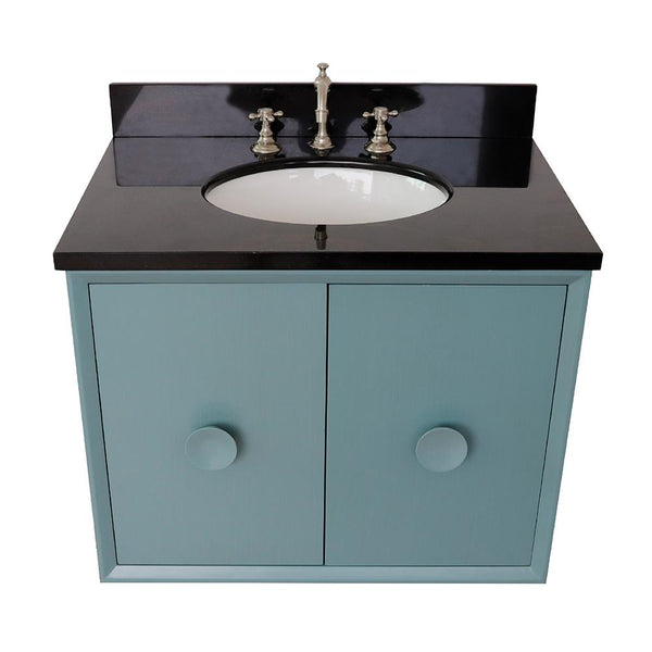 31" Single Wall Mount Vanity In Aqua Blue Finish Top With Black Galaxy And Oval Sink - Luxe Bathroom Vanities