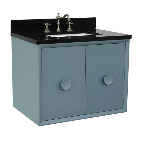 31" Single Wall Mount Vanity In Aqua Blue Finish Top With Black Galaxy And Rectangle Sink - Luxe Bathroom Vanities