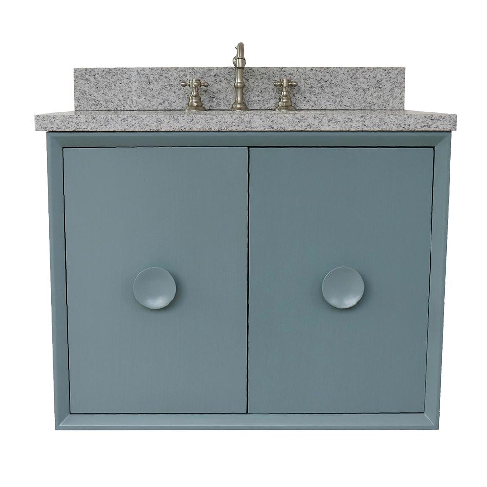 31" Single Wall Mount Vanity In Aqua Blue Finish Top With Gray Granite And Oval Sink - Luxe Bathroom Vanities