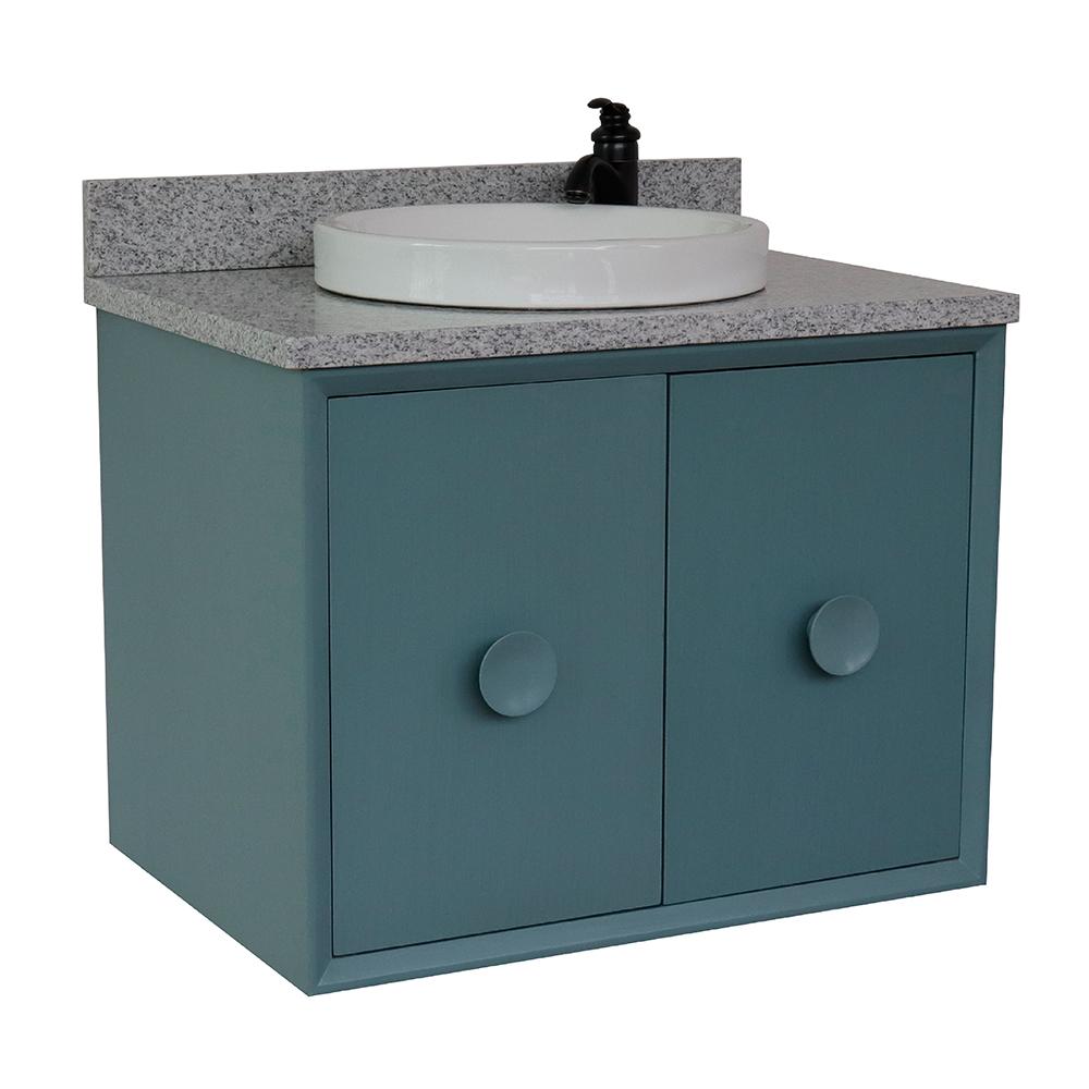 31" Single Wall Mount Vanity In Aqua Blue Finish Top With Gray Granite And Round Sink - Luxe Bathroom Vanities