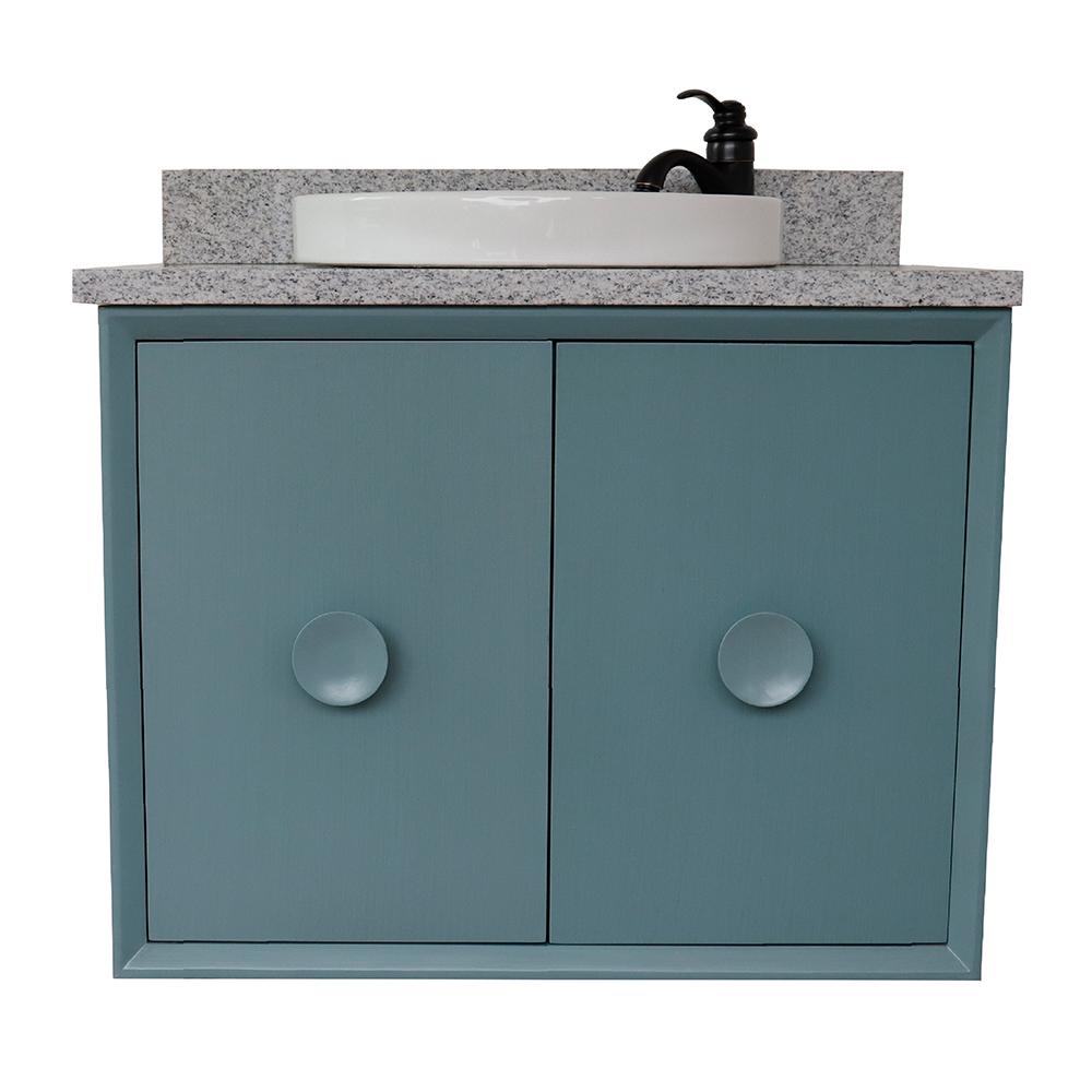 31" Single Wall Mount Vanity In Aqua Blue Finish Top With Gray Granite And Round Sink - Luxe Bathroom Vanities