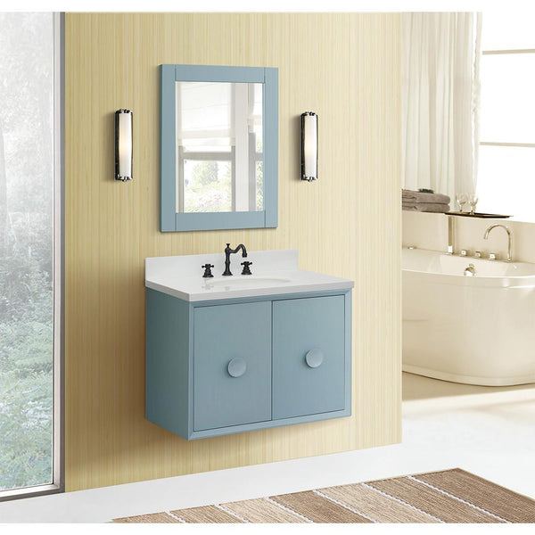 31" Single Wall Mount Vanity In Aqua Blue Finish Top With White Quartz And Oval Sink - Luxe Bathroom Vanities