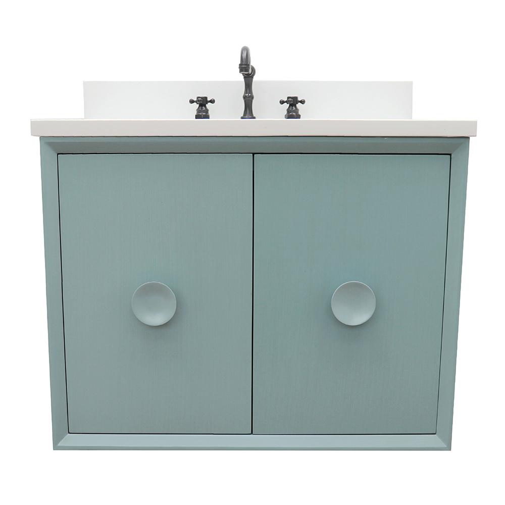 31" Single Wall Mount Vanity In Aqua Blue Finish Top With White Quartz And Rectangle Sink - Luxe Bathroom Vanities