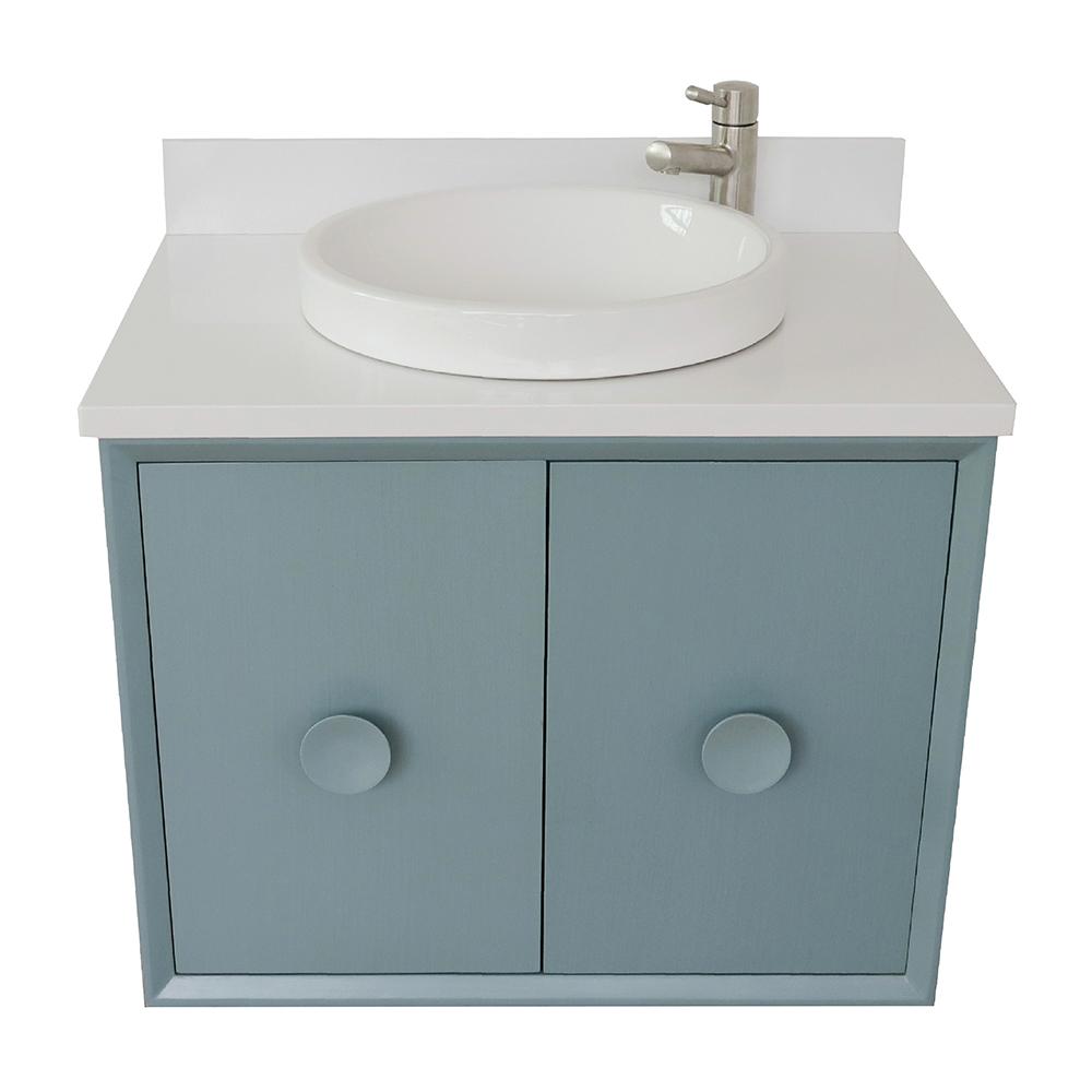 31" Single Wall Mount Vanity In Aqua Blue Finish Top With White Quartz And Round Sink - Luxe Bathroom Vanities