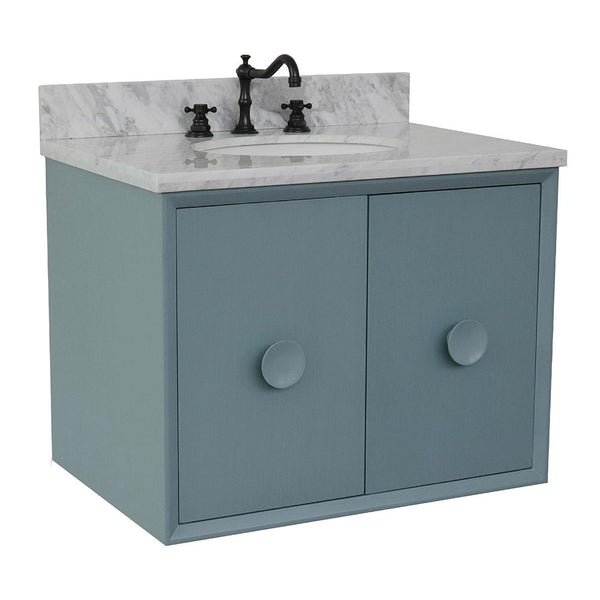 31" Single Wall Mount Vanity In Aqua Blue Finish Top With White Carrara And Oval Sink - Luxe Bathroom Vanities