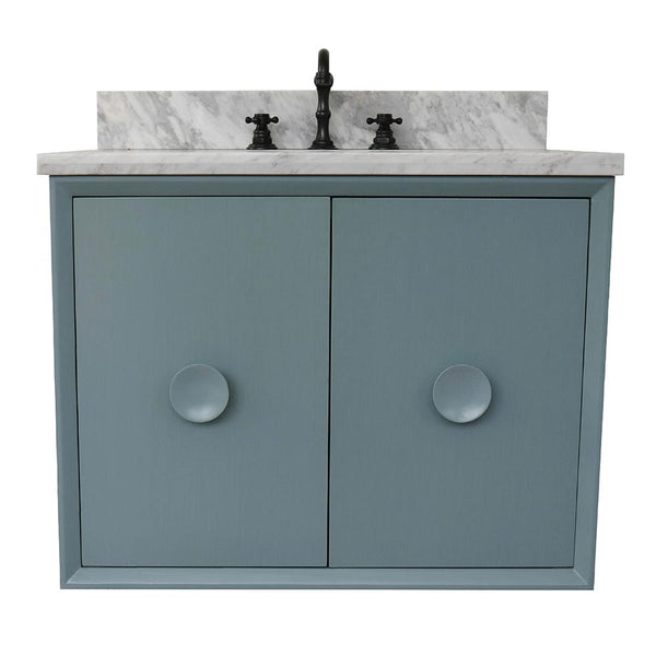 31" Single Wall Mount Vanity In Aqua Blue Finish Top With White Carrara And Oval Sink - Luxe Bathroom Vanities