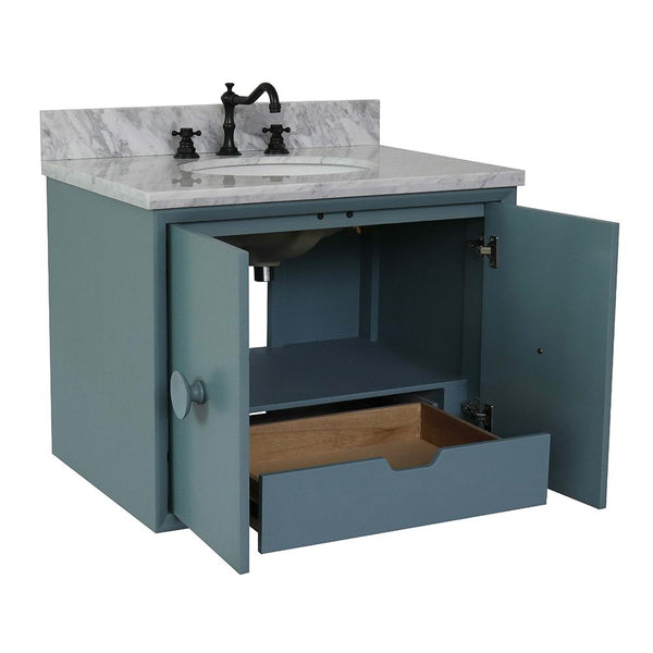 31" Single Wall Mount Vanity In Aqua Blue Finish Top With White Carrara And Oval Sink - Luxe Bathroom Vanities