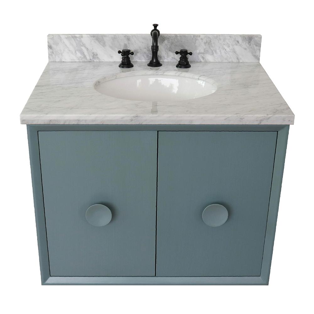 31" Single Wall Mount Vanity In Aqua Blue Finish Top With White Carrara And Oval Sink - Luxe Bathroom Vanities