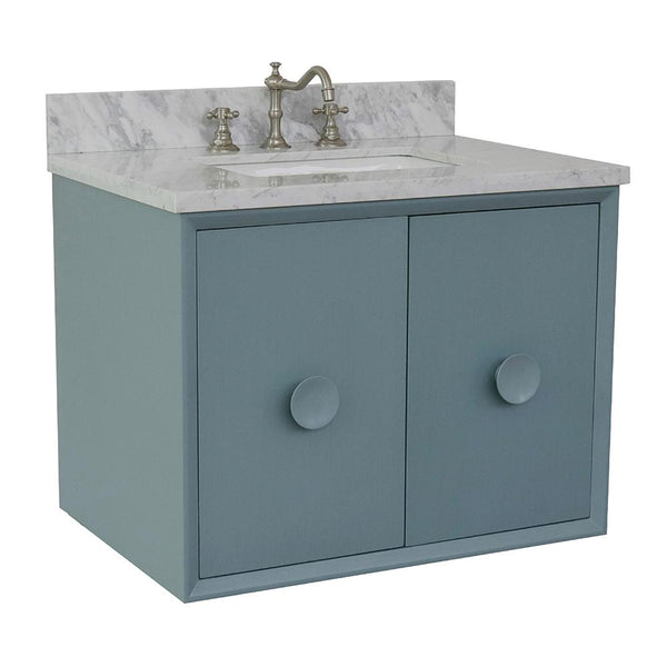 31" Single Wall Mount Vanity In Aqua Blue Finish Top With White Carrara And Rectangle Sink - Luxe Bathroom Vanities