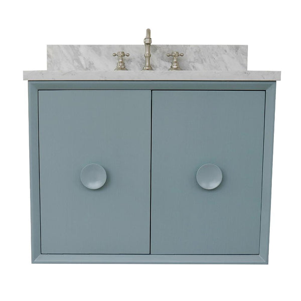 31" Single Wall Mount Vanity In Aqua Blue Finish Top With White Carrara And Rectangle Sink - Luxe Bathroom Vanities