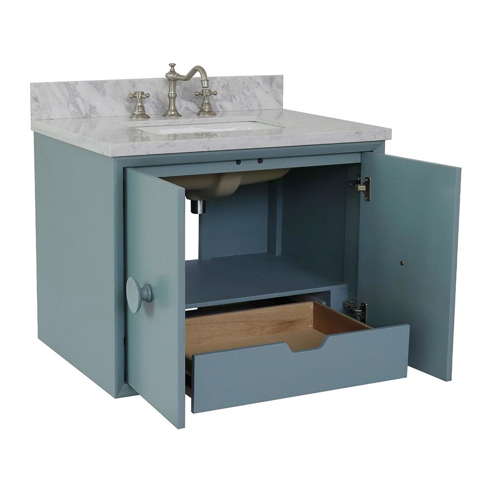 31" Single Wall Mount Vanity In Aqua Blue Finish Top With White Carrara And Rectangle Sink - Luxe Bathroom Vanities