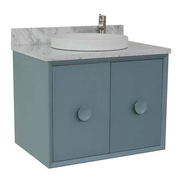31" Single Wall Mount Vanity In Aqua Blue Finish Top With White Carrara And Round Sink - Luxe Bathroom Vanities