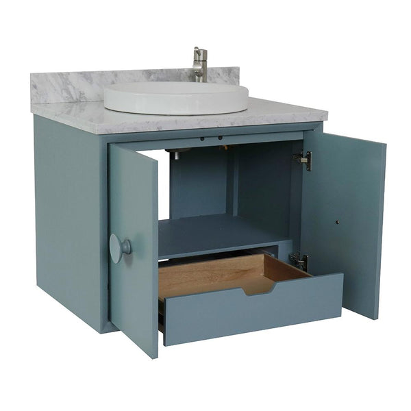 31" Single Wall Mount Vanity In Aqua Blue Finish Top With White Carrara And Round Sink - Luxe Bathroom Vanities