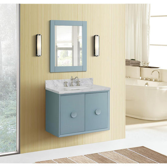31" Single Wall Mount Vanity In Aqua Blue Finish Top With White Carrara And Rectangle Sink - Luxe Bathroom Vanities