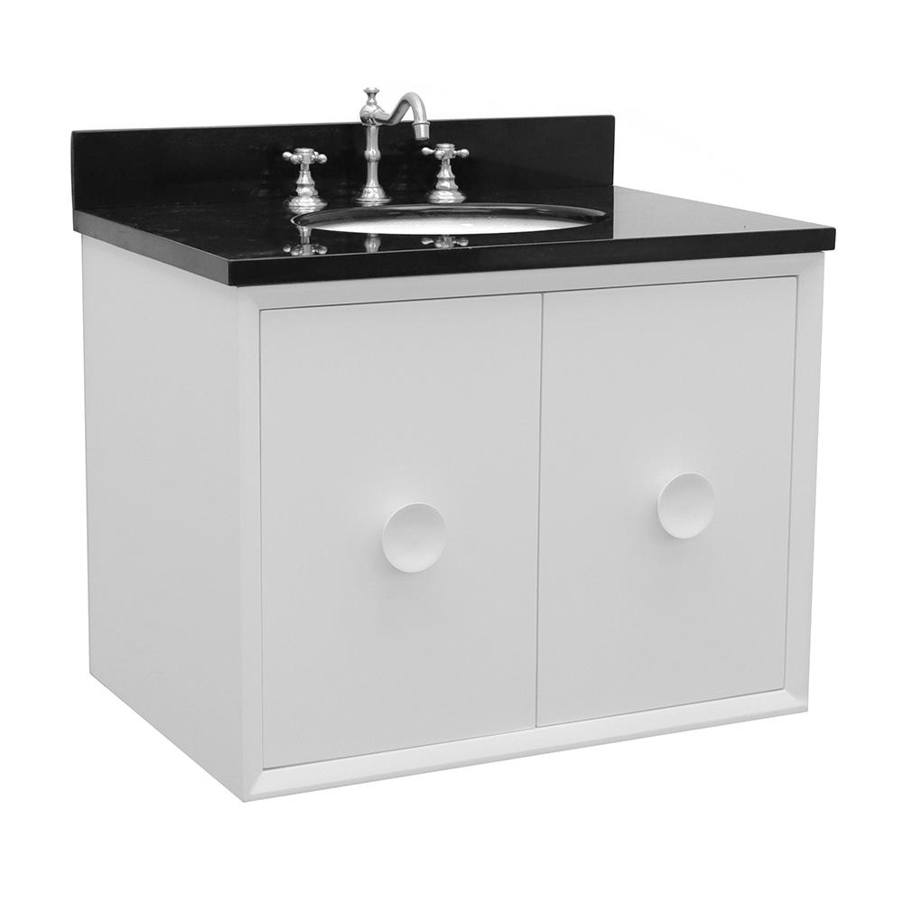 31" Single Wall Mount Vanity In White Finish Top With Black Galaxy And Oval Sink - Luxe Bathroom Vanities