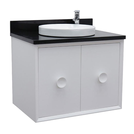 31" Single Wall Mount Vanity In White Finish Top With Black Galaxy And Round Sink - Luxe Bathroom Vanities