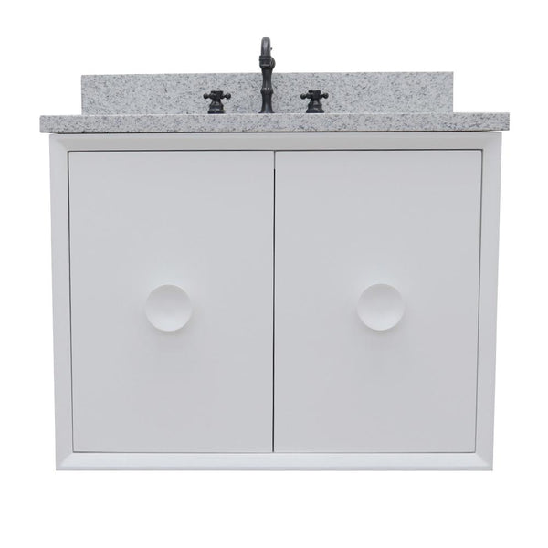 31" Single Wall Mount Vanity In White Finish Top With Gray Granite And Oval Sink - Luxe Bathroom Vanities
