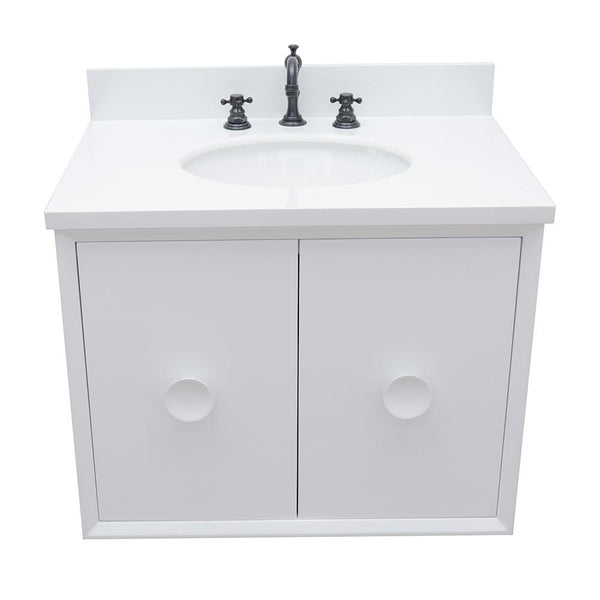 31" Single Wall Mount Vanity In White Finish Top With White Quartz And Oval Sink - Luxe Bathroom Vanities