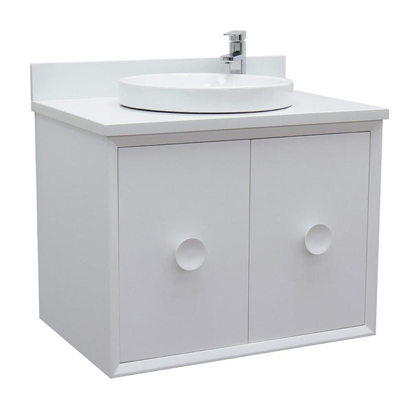 31" Single Wall Mount Vanity In White Finish Top With White Quartz And Round Sink - Luxe Bathroom Vanities