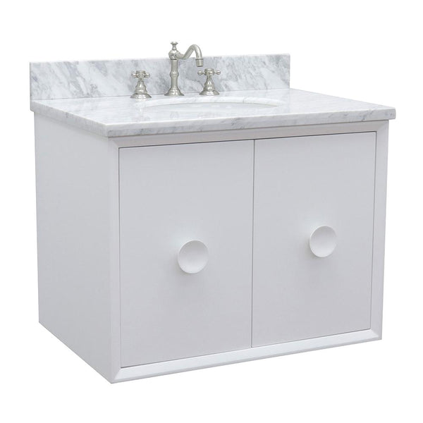 31" Single Wall Mount Vanity In White Finish Top With White Carrara And Oval Sink - Luxe Bathroom Vanities