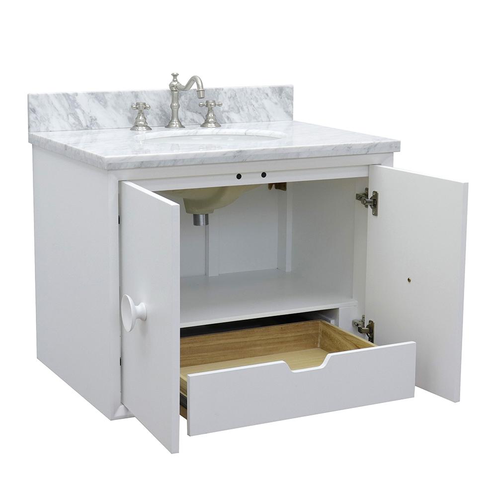 31" Single Wall Mount Vanity In White Finish Top With White Carrara And Oval Sink - Luxe Bathroom Vanities