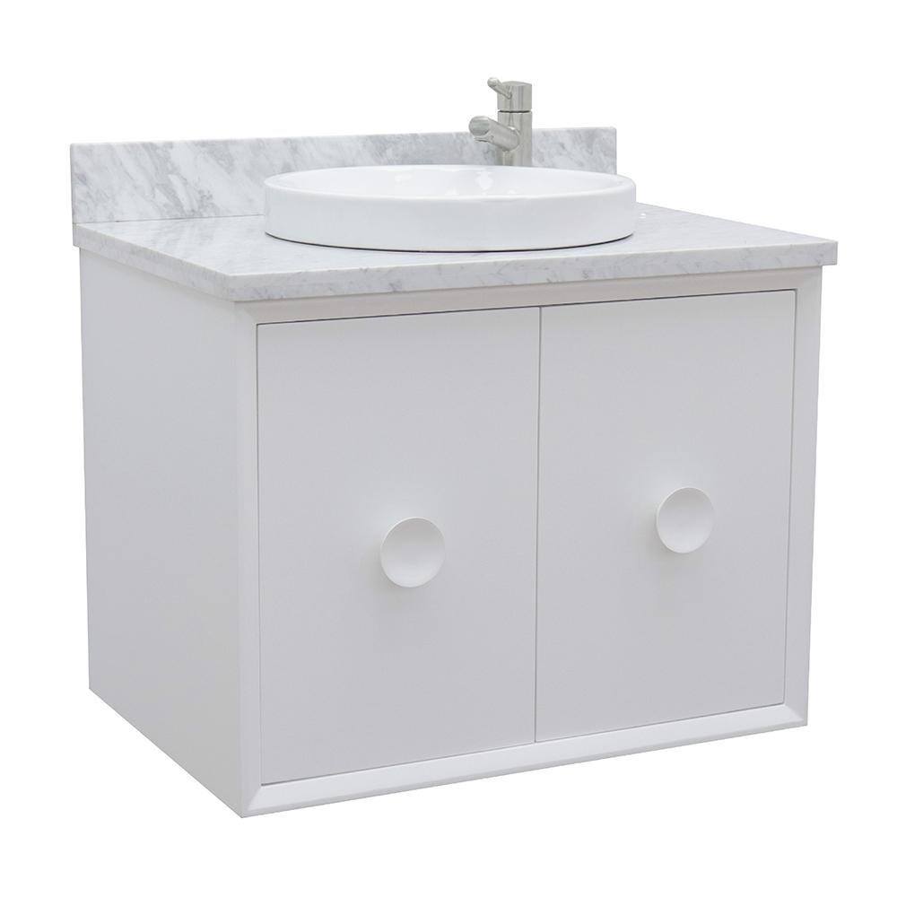31" Single Wall Mount Vanity In White Finish Top With White Carrara And Round Sink - Luxe Bathroom Vanities