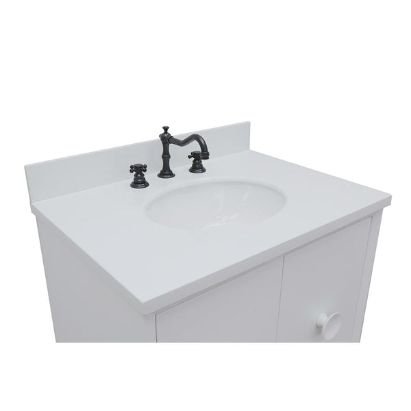 31" Single Vanity In White Finish Top With White Quartz And Oval Sink - Luxe Bathroom Vanities