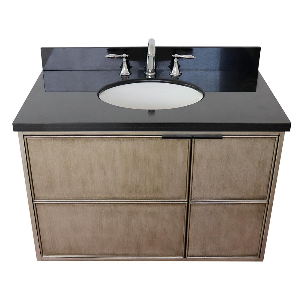 37" Single Wall Mount Vanity In Linen Brown Finish Top With Black Galaxy And Oval Sink - Luxe Bathroom Vanities