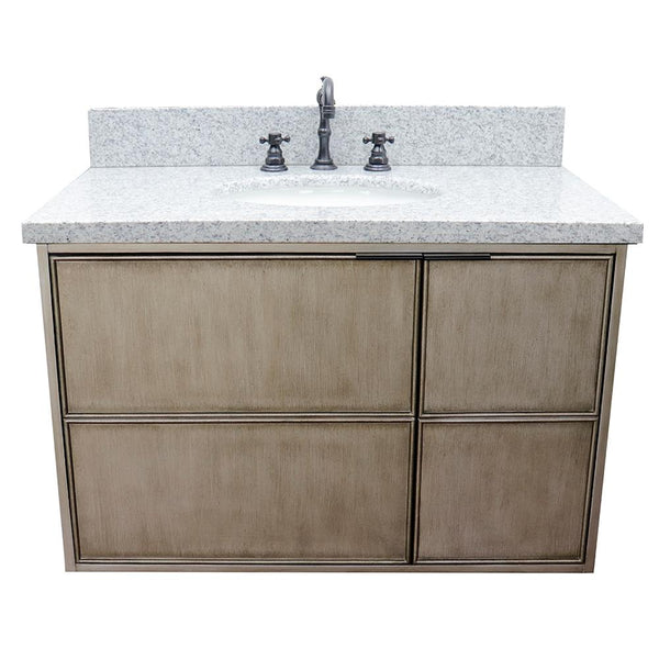 37" Single Wall Mount Vanity In Linen Brown Finish Top With Gray Granite And Oval Sink - Luxe Bathroom Vanities