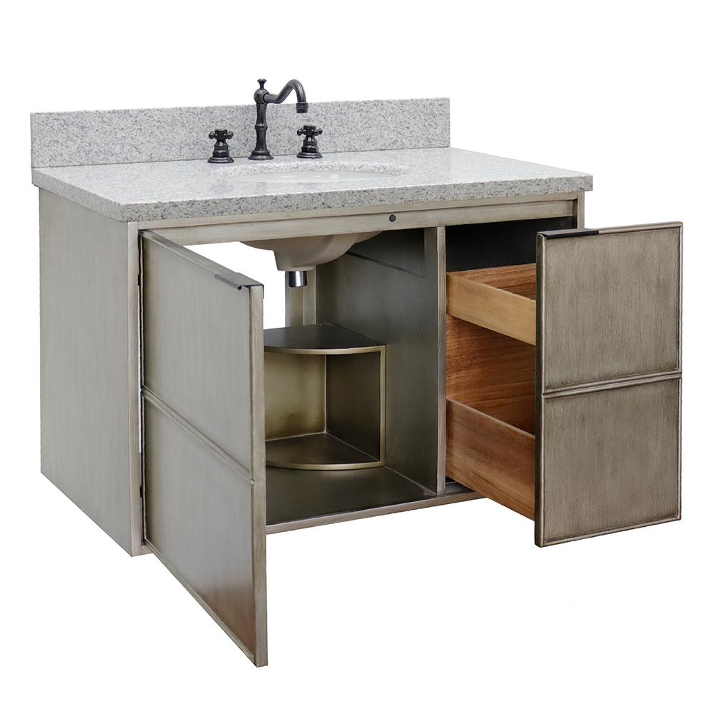 37" Single Wall Mount Vanity In Linen Brown Finish Top With Gray Granite And Oval Sink - Luxe Bathroom Vanities