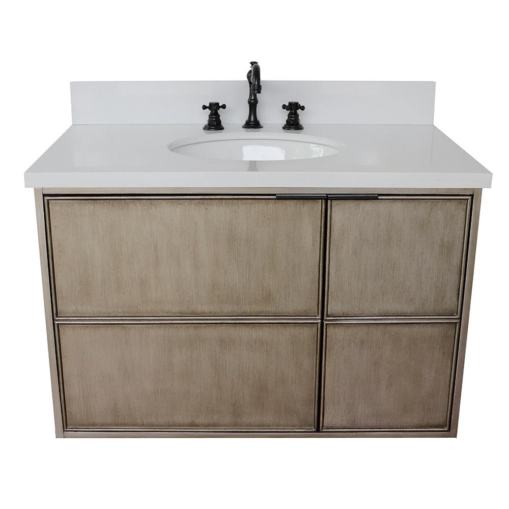 37" Single Wall Mount Vanity In Linen Brown Finish Top With White Quartz And Oval Sink - Luxe Bathroom Vanities