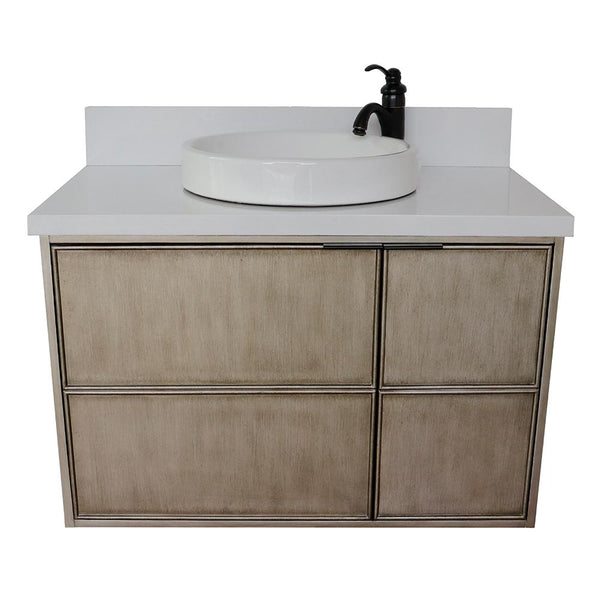 37" Single Wall Mount Vanity In Linen Brown Finish Top With White Quartz And Round Sink - Luxe Bathroom Vanities