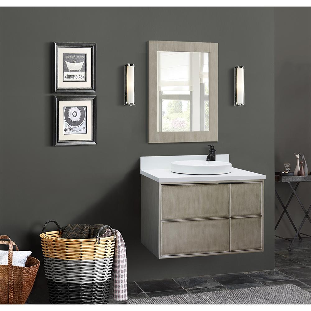 37" Single Wall Mount Vanity In Linen Brown Finish Top With White Quartz And Round Sink - Luxe Bathroom Vanities
