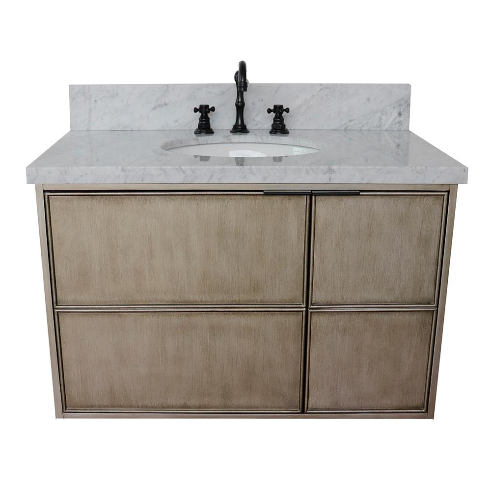 37" Single Wall Mount Vanity In Linen Brown Finish Top With White Carrara And Oval Sink - Luxe Bathroom Vanities