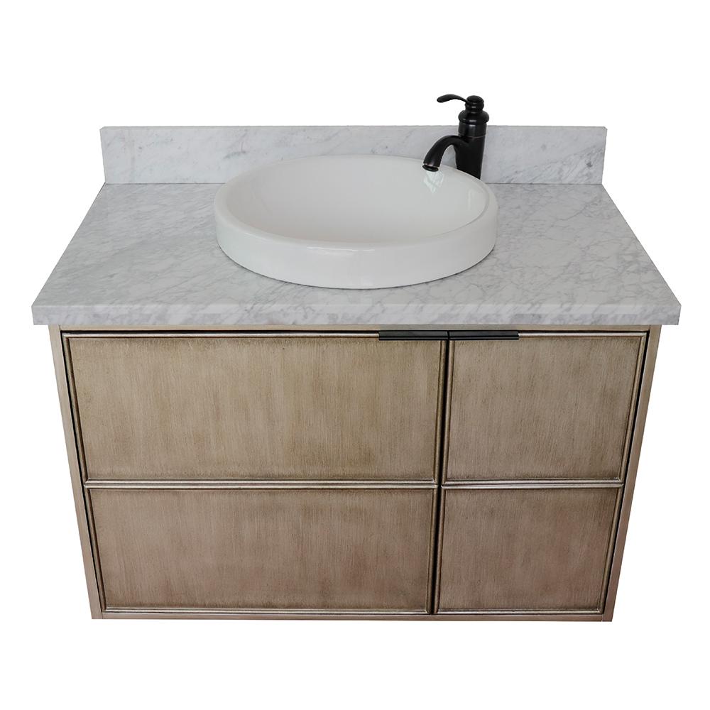 37" Single Wall Mount Vanity In Linen Brown Finish Top With White Carrara And Round Sink - Luxe Bathroom Vanities