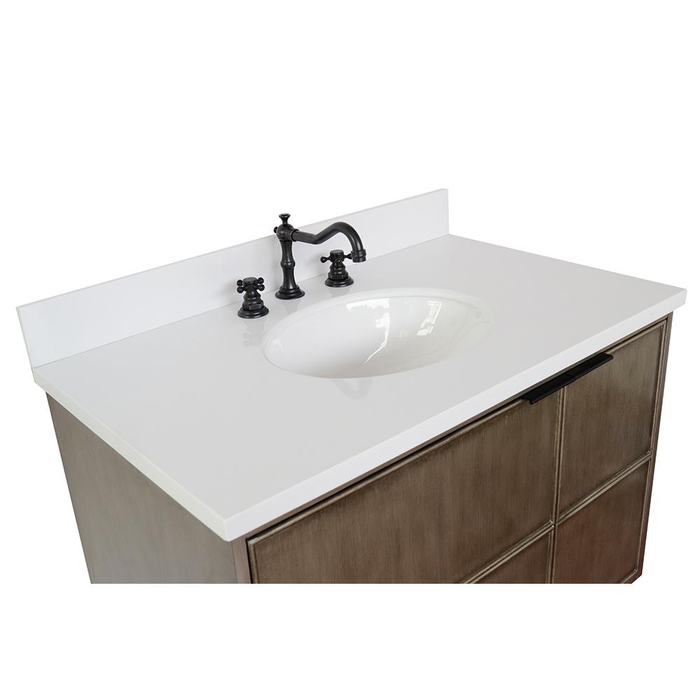 37" Single Vanity In Linen Brown Finish Top With White Quartz And Oval Sink - Luxe Bathroom Vanities
