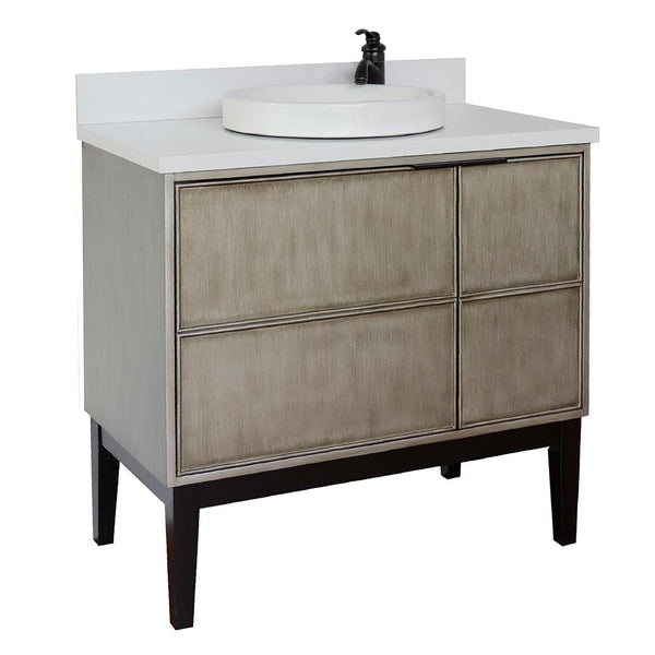37" Single Vanity In Linen Brown Finish Top With White Quartz And Round Sink - Luxe Bathroom Vanities