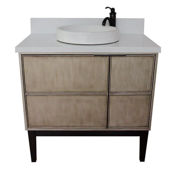 37" Single Vanity In Linen Brown Finish Top With White Quartz And Round Sink - Luxe Bathroom Vanities