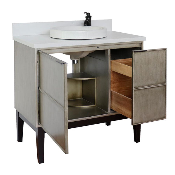 37" Single Vanity In Linen Brown Finish Top With White Quartz And Round Sink - Luxe Bathroom Vanities