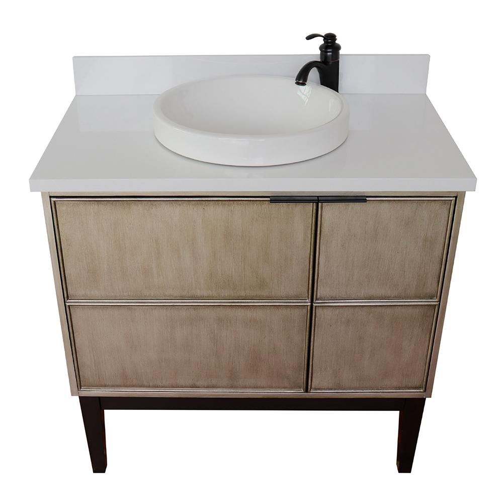 37" Single Vanity In Linen Brown Finish Top With White Quartz And Round Sink - Luxe Bathroom Vanities