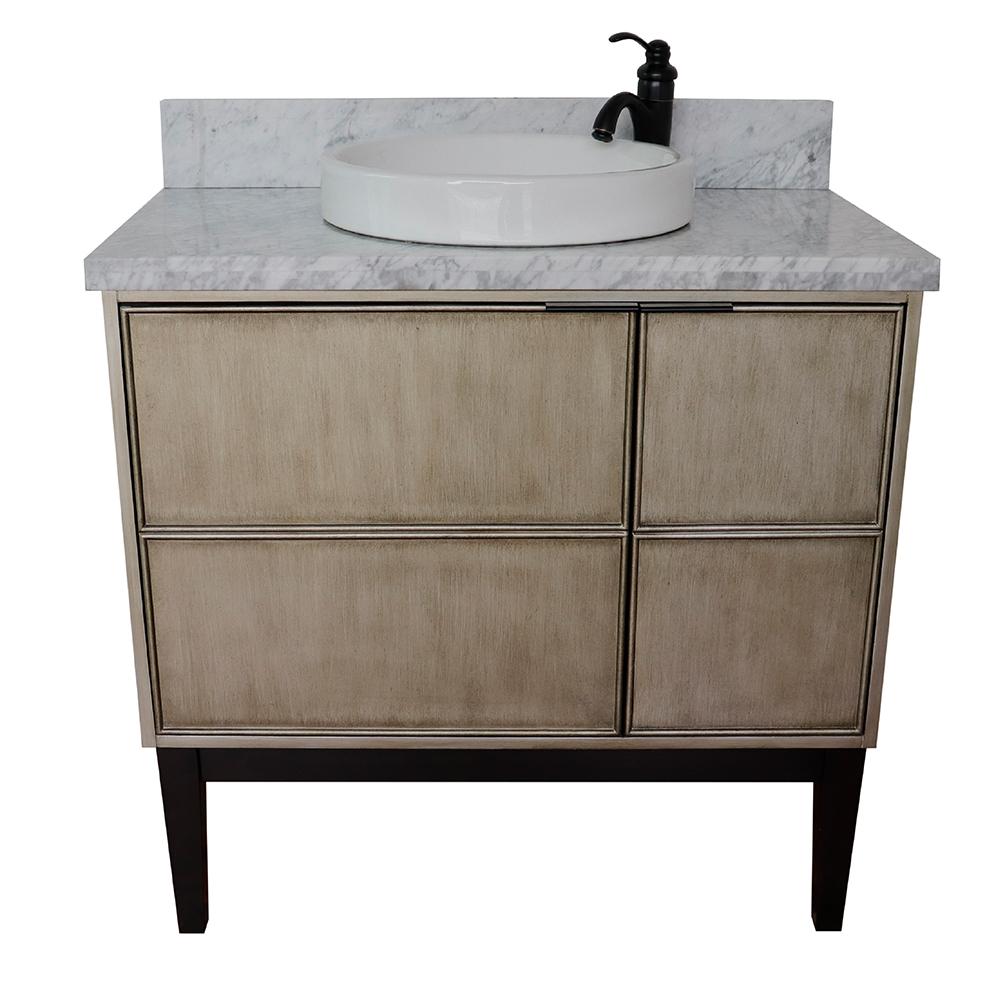 37" Single Vanity In Linen Brown Finish Top With White Carrara And Round Sink - Luxe Bathroom Vanities
