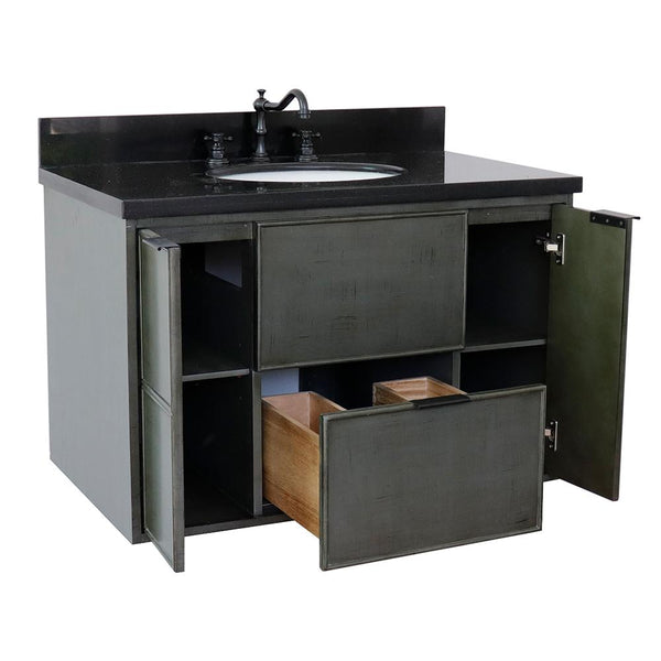 37" Single Wall Mount Vanity In Linen Gray Finish Top With Black Galaxy And Oval Sink - Luxe Bathroom Vanities