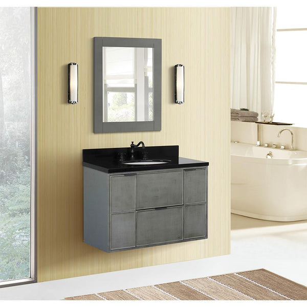 37" Single Wall Mount Vanity In Linen Gray Finish Top With Black Galaxy And Oval Sink - Luxe Bathroom Vanities