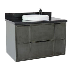 37" Single Wall Mount Vanity In Linen Gray Finish Top With Black Galaxy And Round Sink - Luxe Bathroom Vanities