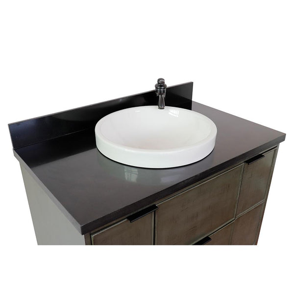 37" Single Wall Mount Vanity In Linen Gray Finish Top With Black Galaxy And Round Sink - Luxe Bathroom Vanities