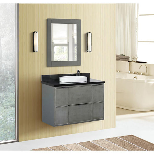 37" Single Wall Mount Vanity In Linen Gray Finish Top With Black Galaxy And Round Sink - Luxe Bathroom Vanities